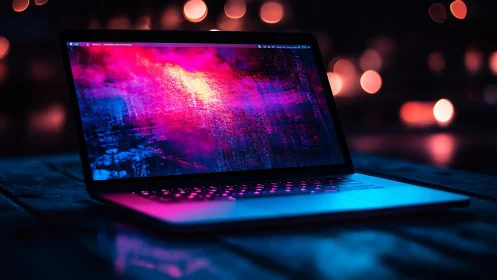 Neon laptop dreaming in glitchy magenta midnight rain.