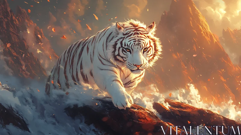 White tiger strides through fiery mountains and mist.