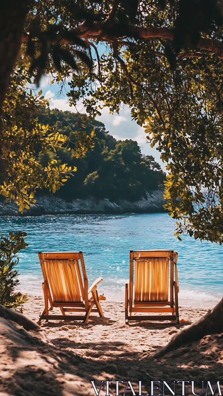Peaceful Beach Escape with Turquoise Waters and Golden Chairs.