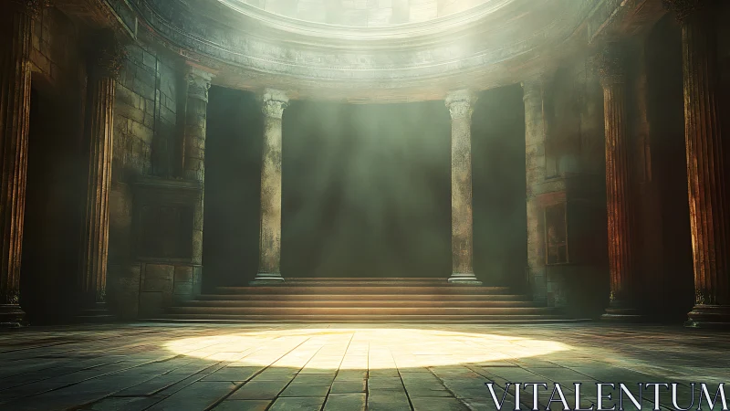 Sunlit oculus illuminating deserted classical rotunda interior