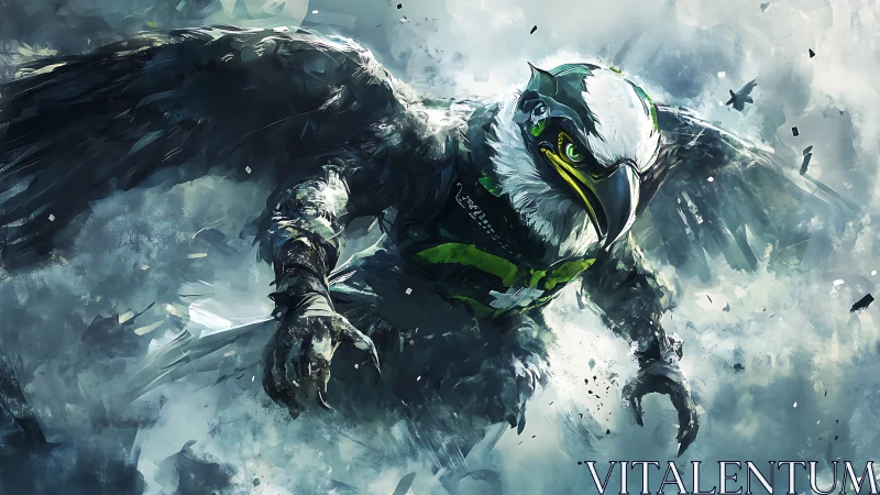 Skyborne cyber hawk charging through stormy digital clouds.