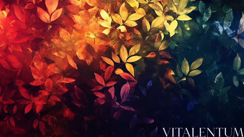 Chromatic foliage gradient with layered digital leaf silhouettes.