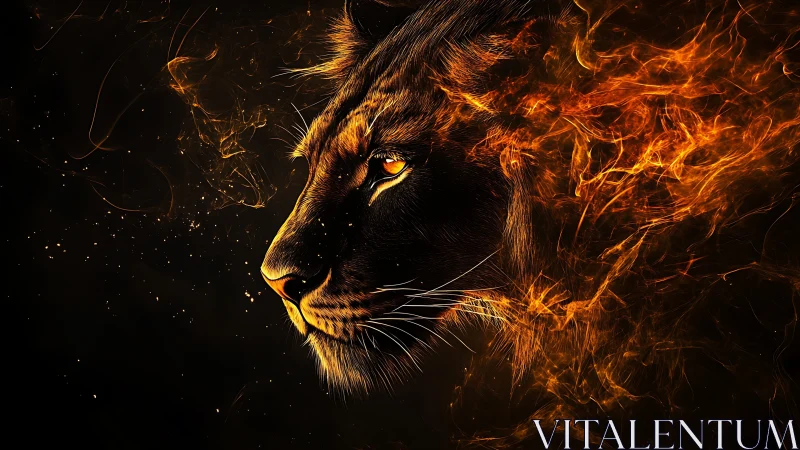 Lion of ember and shadow gazing through swirling fire.