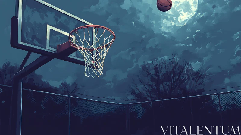 Moonlit playground hoop welcoming a last lone jump shot.