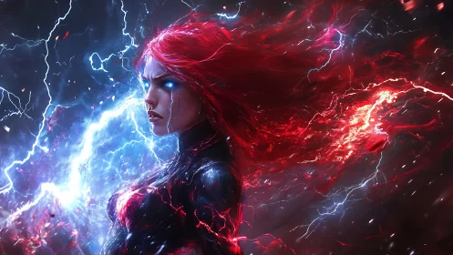 Red haired energy figure amid blue and red lightning field.