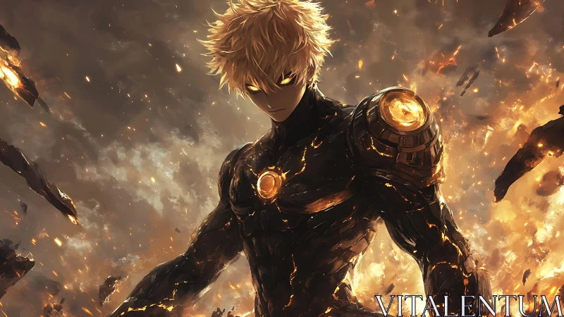 Cyborg figure stands amid molten debris and burning fragments