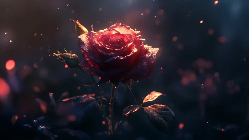 Red rose with golden light particles against dark background