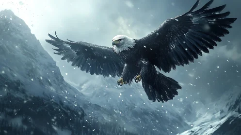 Majestic bald eagle soaring over snowy mountains in dramatic style.