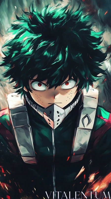Green haired masked anime hero in intense close portrait.