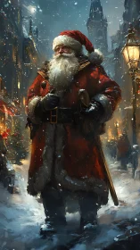 Heavily textured Santa Claus stands in snowlit European street