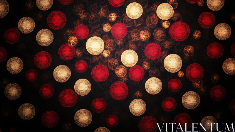 Concentric red and gold bokeh discs form layered abstract field