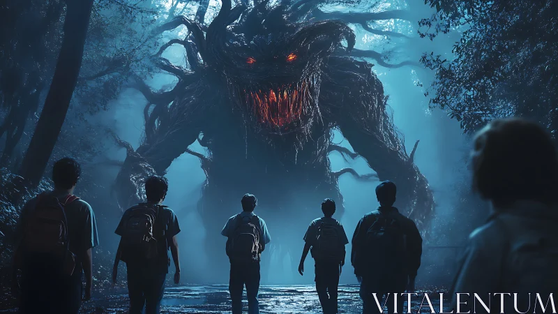 Giant tree-like forest monster confronts group of kids