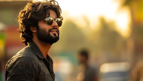 Backlit urban portrait of bearded man in mirrored sunglasses