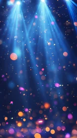 Soft blue spotlights and glowing confetti in celebration.
