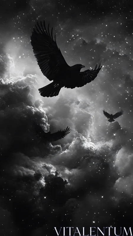 Soaring ravens carve a dark path through starry storm clouds.