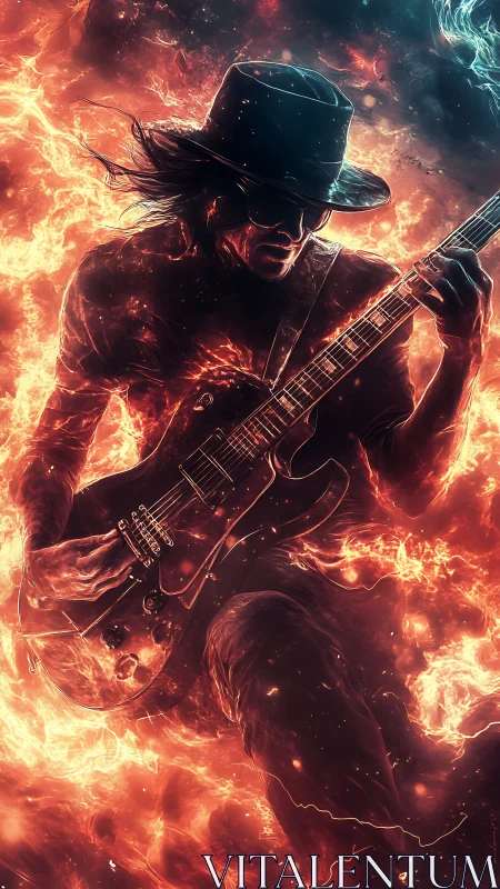 Flaming guitarist silhouette rendered with dynamic particle fire effects