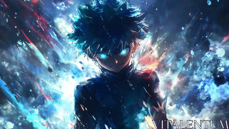 Electric-eyed hero ignites explosive blue cosmic energy.