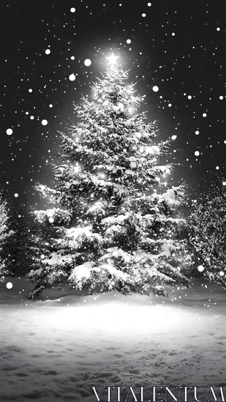 Star-crowned winter tree glowing in a hush of snowfall.