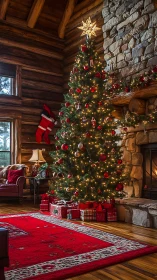Christmas tree illuminates rustic log cabin hearth interior