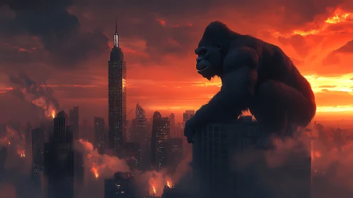 Giant gorilla positioned on skyscraper over burning cityscape.