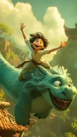Joyful boy rides smiling dragon above sunlit valley
