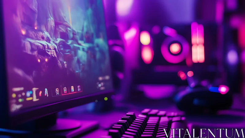 Photoreal gaming battlestation with neon bokeh lighting.