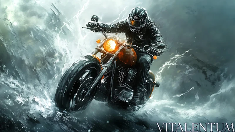 Motorcyclist traversing storm surge with dynamic fluid simulation.