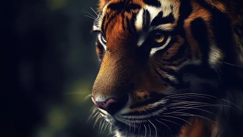 Tiger gaze in dramatic low-key digital wildlife portrait.