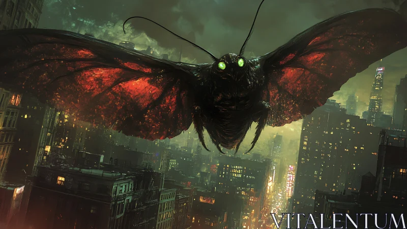 Neon-eyed moth titan drifts above a storm-soaked megacity