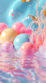 Pastel spheres and liquid splash in glossy 3D environment.