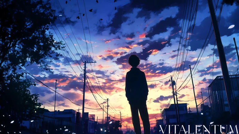 Silhouetted youth beneath electric sunset skyscape.