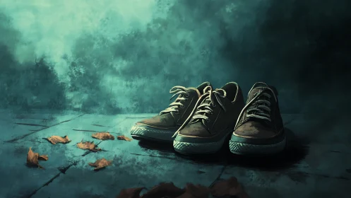 Three worn sneakers on wet pavement with scattered leaves.