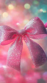 Glitter pink ribbon bow on dreamy bokeh background.