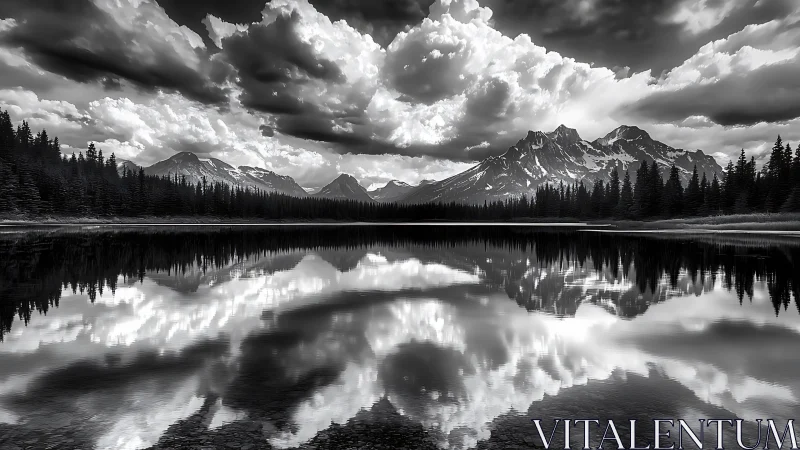 Monochrome alpine lake reflection with dramatic storm clouds