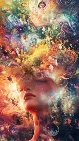 Neural chromatic dreamfield around meditative digital visage.