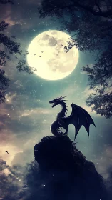 Moon-bathed dragon sentinel on a star-swirled cliffside.