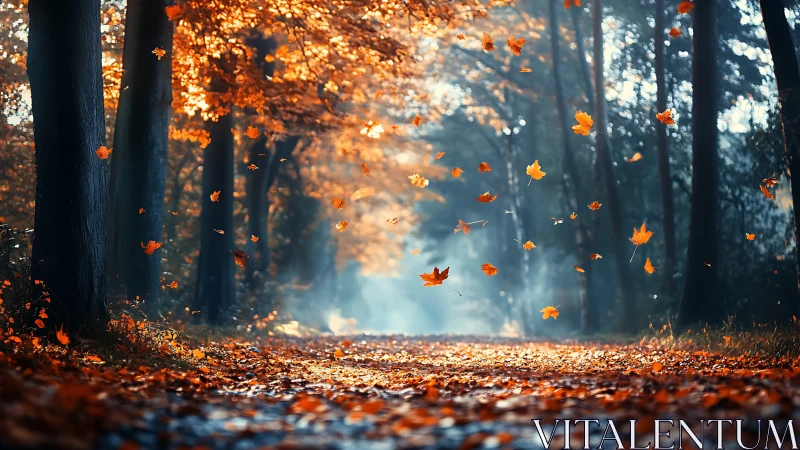 Golden Autumn Leaves Dance Through Misty Forest Sunlight