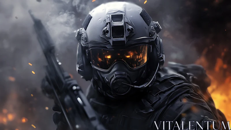 Armored soldier strides forward through glowing battlefield fire