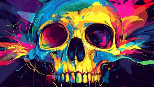 Vibrant neon skull explodes with chaotic urban energy