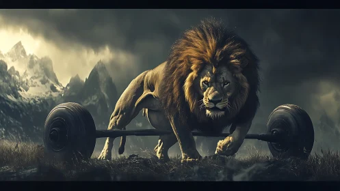Lion strains against colossal barbell in stormlit mountains