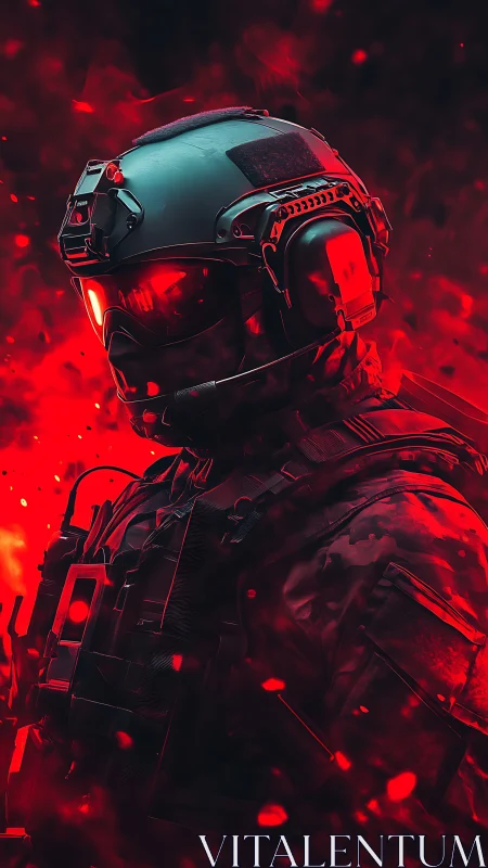 Armored cyber-soldier rendered in high-contrast red lighting