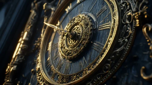 Ornate gold and dark metal circular clock face close-up.