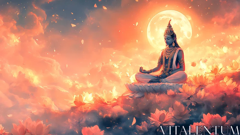 Divine deity meditates on lotus above glowing clouds at moonrise
