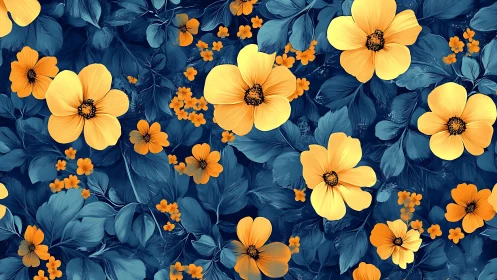 Yellow and Orange Flowers Against Deep Blue Foliage Background