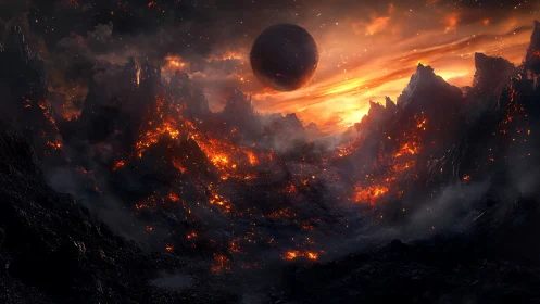 Apocalyptic volcanic realm. Black sphere dominates burning landscape.
