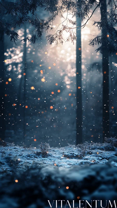 Frozen Forest at Dusk: Atmospheric Bokeh and Luminous Particles