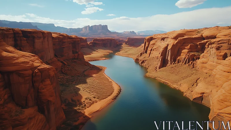 Photorealistic aerial canyon river with stratified sandstone walls.