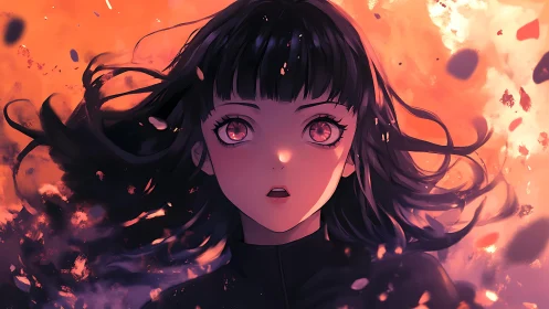 Shock-lit anime girl portrait amid fiery particle storm