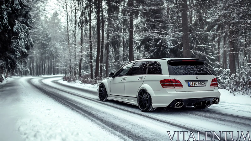 White performance wagon powers through silent winter forest