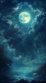 Moonlit river dreaming beneath cathedral-blue clouds.